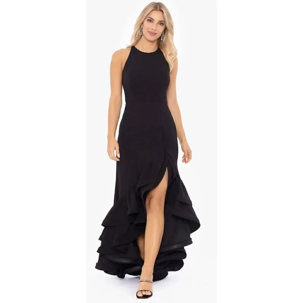 Betsy & Adam Ruffle Halter Crepe Gown in Black NWT Size 2